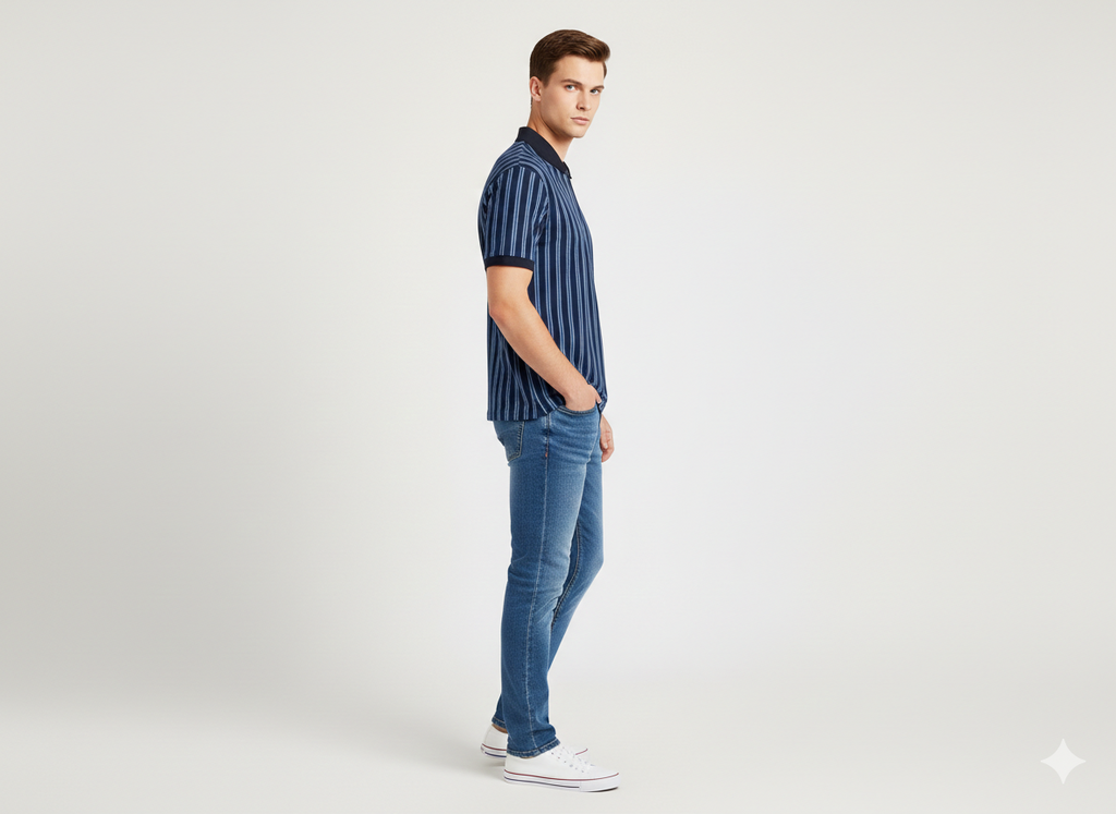 Men’s Navy & White Vertical Striped Polo