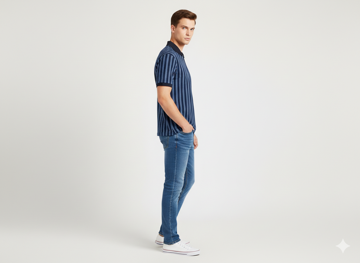 Men’s Navy & White Vertical Striped Polo