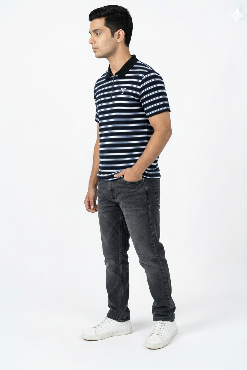 Men's Black and White Striped Quarter-Zip Polo Shirt