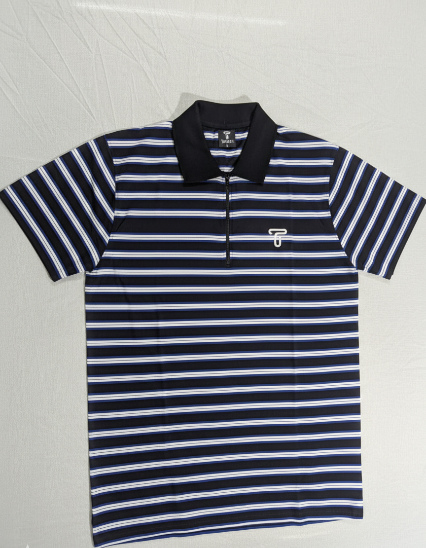 Men's Black and White Striped Quarter-Zip Polo Shirt