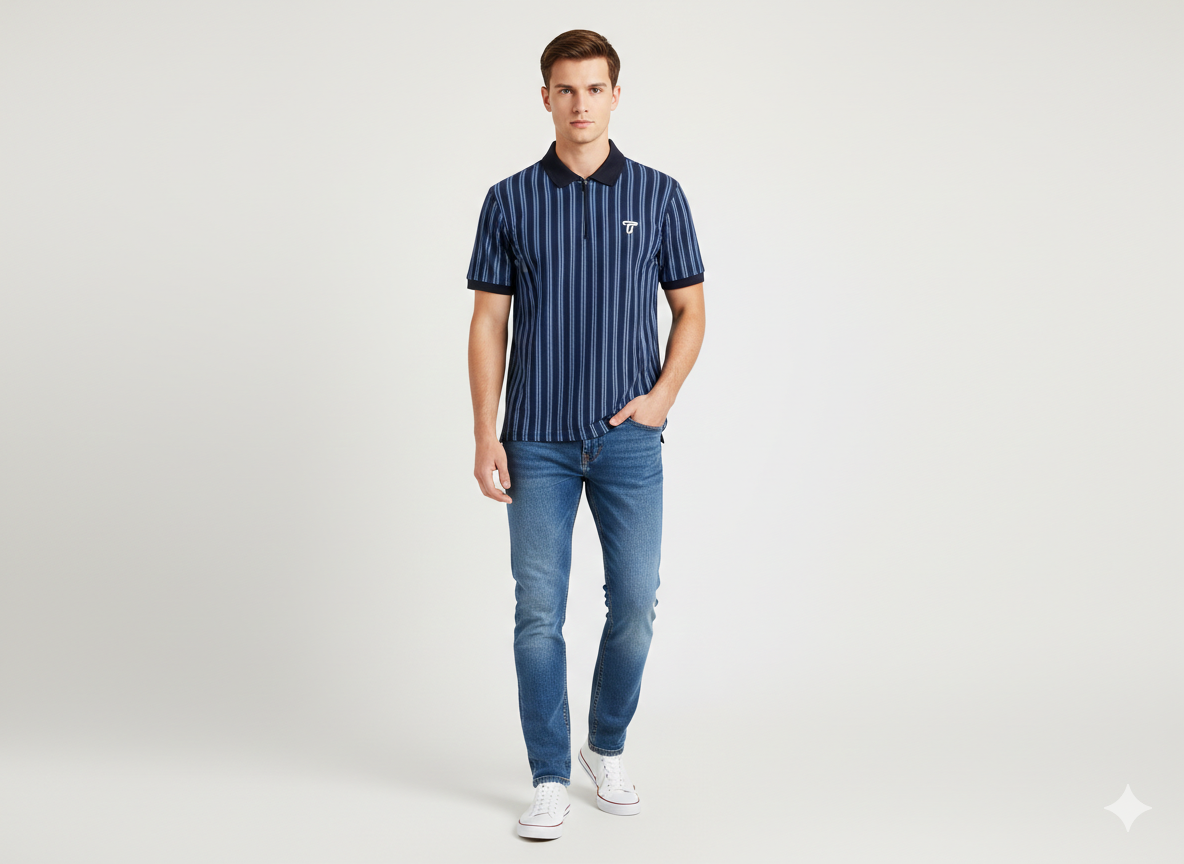 Men’s Navy & White Vertical Striped Polo