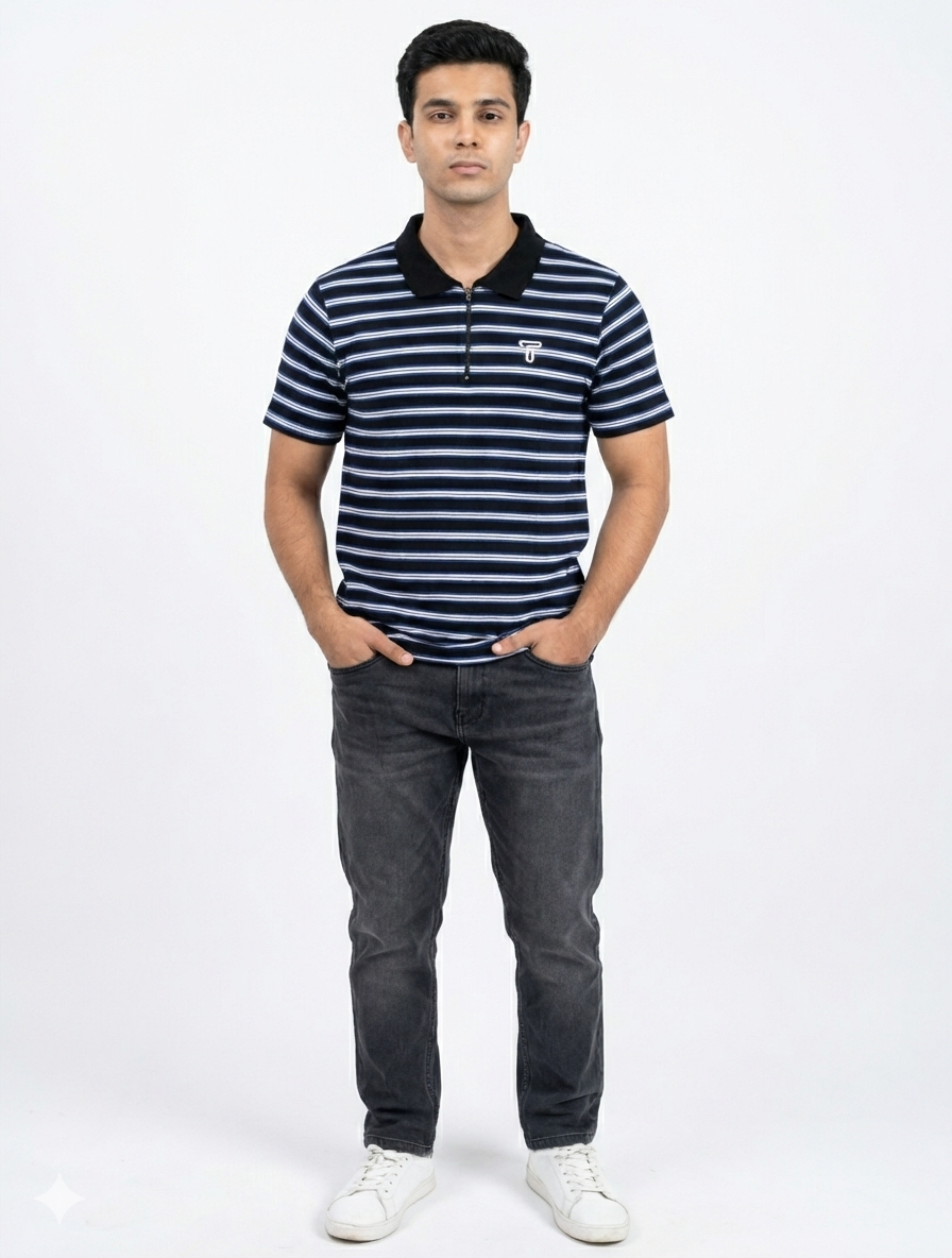 Men's Black and White Striped Quarter-Zip Polo Shirt
